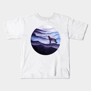 Moonlight coyote silhouette, misty mountains Kids T-Shirt